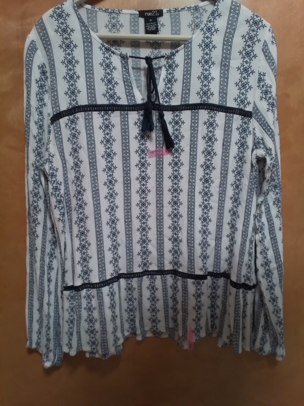 Rue21 White and Black Striped Floral Tassel Peasant Top